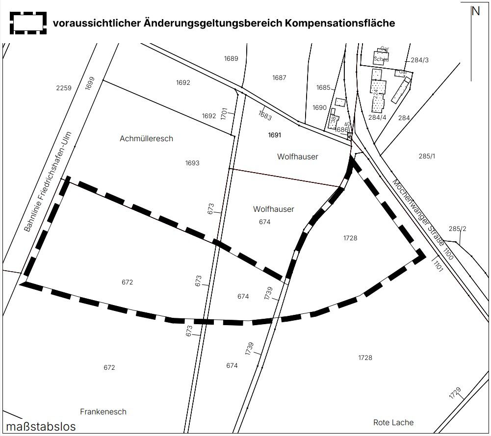Lageplan zeigt voraussichtlichen Änderungsgeltungsbereich einer Kompensationsfläche mit Flurstücknummern, Straßen und Ortsnam