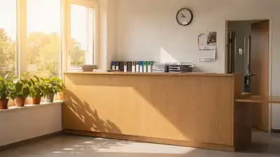 Heller Empfangsbereich mit Holztheke, Aktenordnern, Wanduhr, Kalender und Topfpflanzen am sonnigen Fenster.