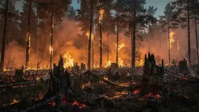 Waldbrand mit lodernden Flammen zwischen Baumstämmen, dichter Rauch und verkohlte Baumstümpfe am Boden