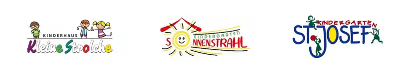 Logos von drei Kindergärten: Kinderhaus Kleine Strolche, Kindergarten Sonnenstrahl und Kindergarten St. Josef