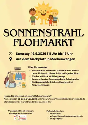 Veranstaltungsplakat für Sonnenstrahl-Flohmarkt am 19. September 2026 auf dem Kirchplatz in Mochenwangen, organisiert vom Kindergarten Sonnenstrahl