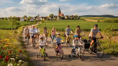 Mehrere Generationen einer Familie fahren gemeinsam mit Fahrrädern auf einem Feldweg durch ländliche Landschaft mit Dorf und Kirche im Hintergrund.
