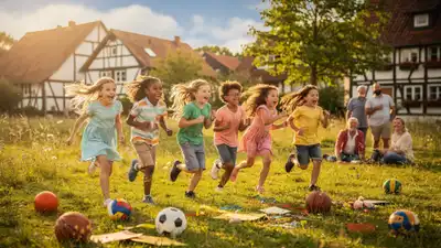 Sechs fröhliche Kinder rennen gemeinsam über eine Sommerwiese mit Spielzeug vor Fachwerkhäusern und beobachtenden Erwachsenen.