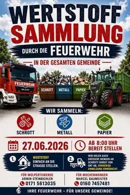Wertstoffsammlung der Feuerwehr am 27.06.2026 ab 8 Uhr für Schrott, Metall und Papier in der gesamten Gemeinde