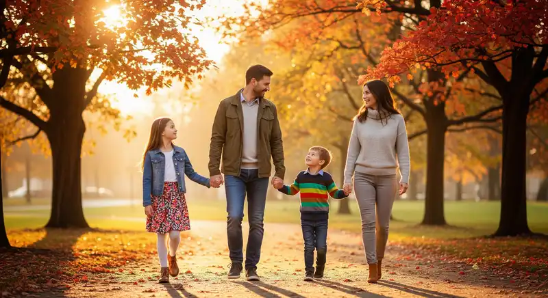Familie mit zwei Kindern spaziert händchenhaltend durch herbstliche Parkallee