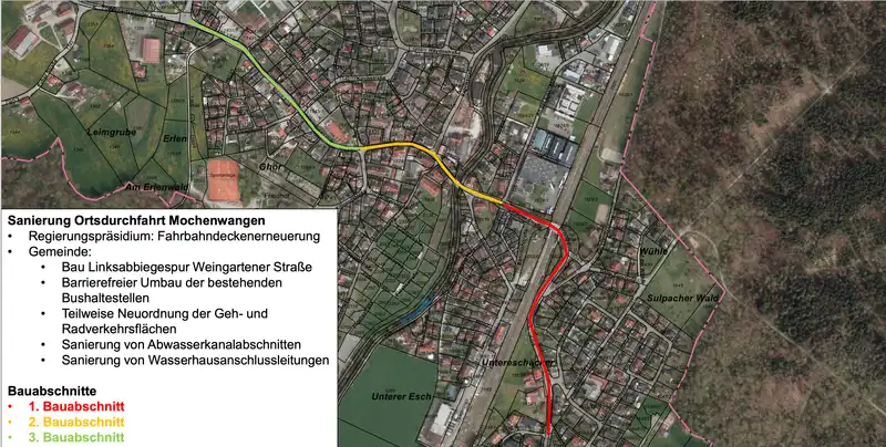 Übersichtsplan zur Sanierung der Ortsdurchfahrt Mochenwangen mit farblich markierten Bauabschnitten für Straßen- und Kanalbaumaßnahmen
